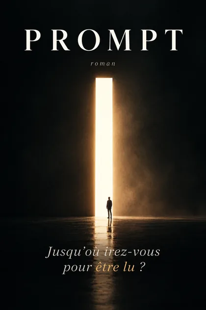 Couverture du roman Prompt : un homme face à une porte de lumière dans une immense salle sombre. Jusqu’où irez-vous pour être lu ?